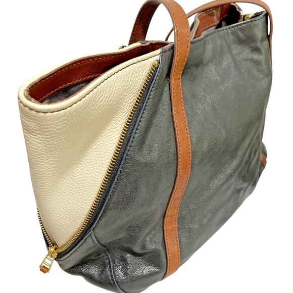 Boho Fossil Black & Brown Leather Tote Purse Hobo Bag Expandable Side Zippers - Picture 6 of 10